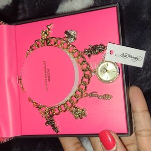 Ed Hardy Gold Tone Charm Bracelet Watch